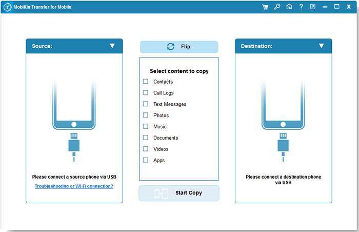 Ventana principal de transferencia Mobikin para dispositivos móviles