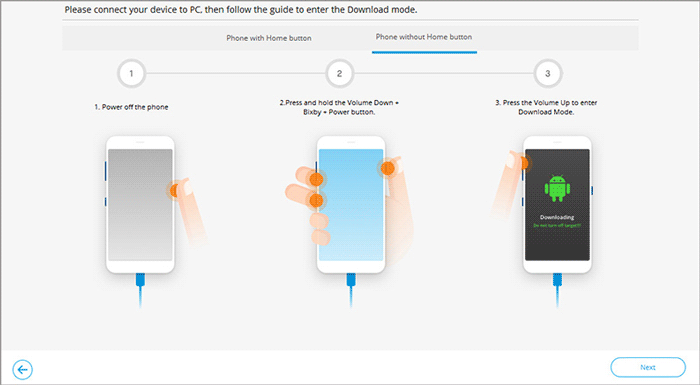 Ingrese el modo de descarga en Samsung sin un botón de inicio