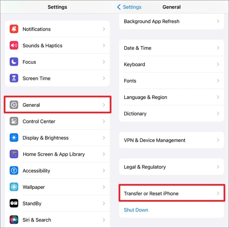 Seleccione Transferir o restablecer iPhone