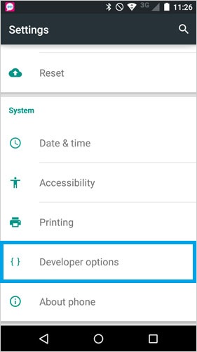 Abra la depuración USB en Motorola 3