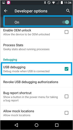Abra la depuración USB en Motorola 4