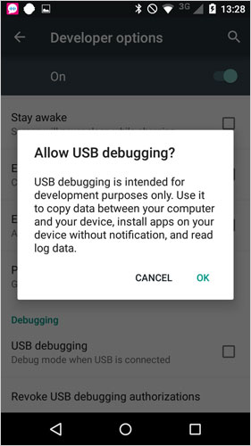Abra la depuración USB en Motorola 5