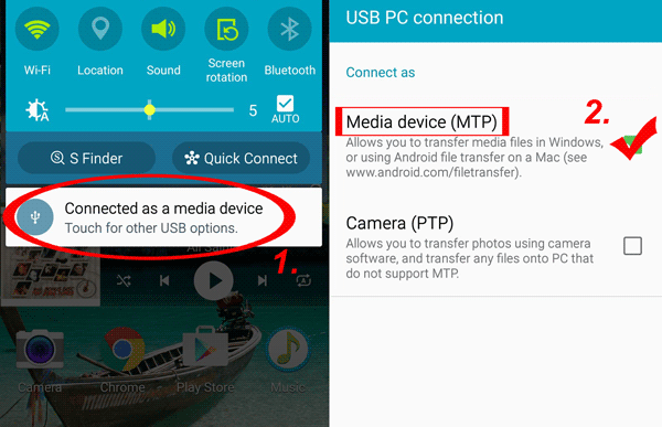 Elija el modo MTP en el teléfono Android