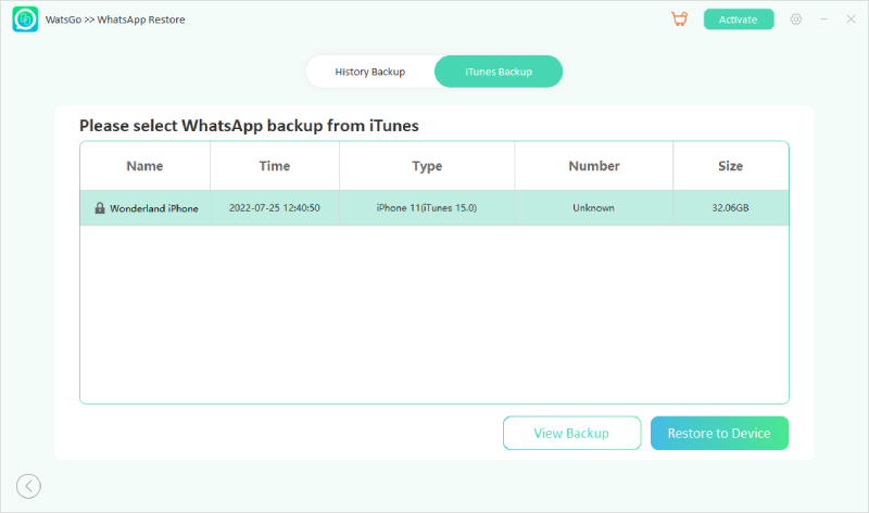 Guía Watsgo: seleccione la copia de seguridad de iTunes para restaurar 