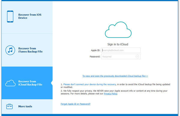 Elija la sección Recuperar en la sección Archivo de copia de seguridad de iCloud