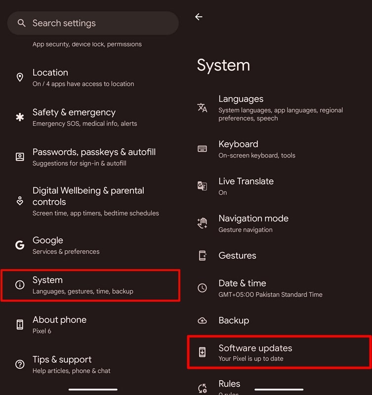 Toque la opción de actualizaciones de software