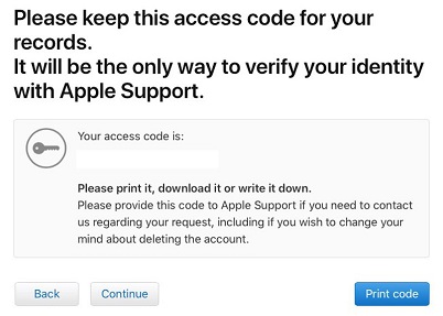 Recibir el código de acceso de la eliminación de la cuenta de ID de Apple