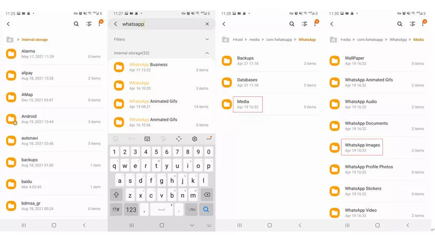 Administrador de archivos para explorar la carpeta WhatsApp