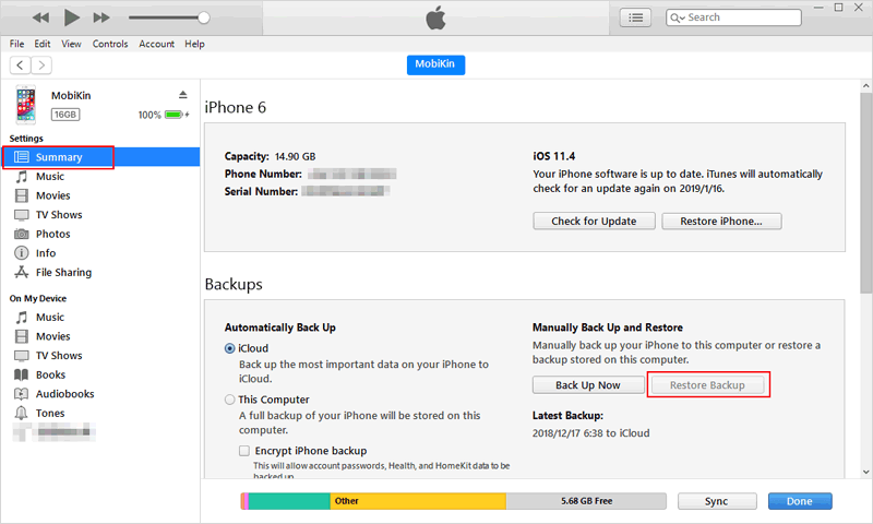 Recuperar fotos eliminadas de recientemente eliminadas a través de iTunes Backup
