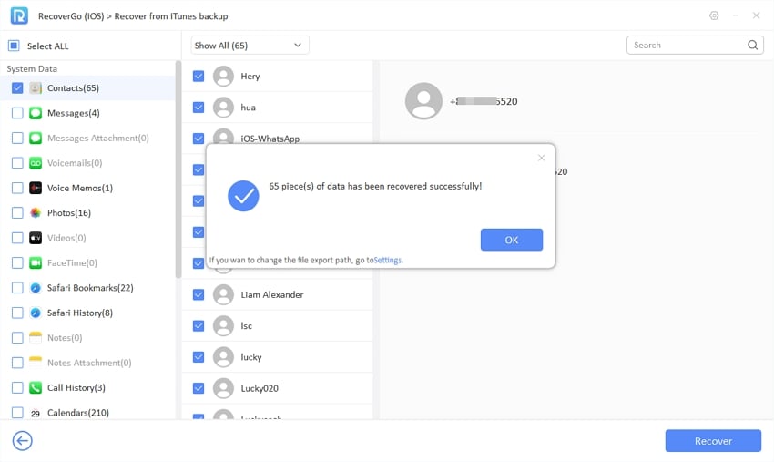 Guía de Recupergo iOS: datos recuperados de la copia de seguridad de iTunes con éxito