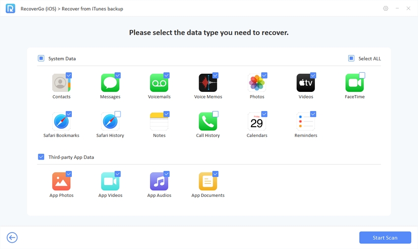 Guía de Recovergo iOS: seleccione datos para recuperar datos de la copia de seguridad de iTunes
