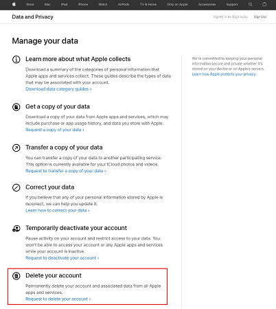 Solicitar para eliminar su cuenta de Apple y su identificación de Apple