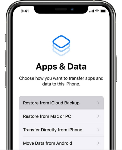 Elija restaurar desde la copia de seguridad de iCloud