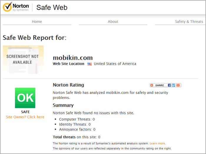 Informe de prueba del sitio web de Norton