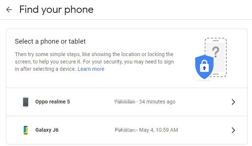 Seleccione un teléfono o tableta en Buscar mi dispositivo