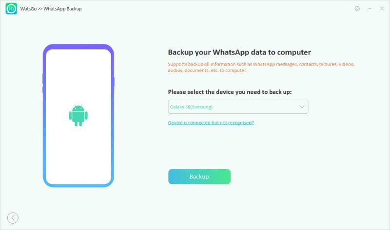 Elija el dispositivo y presione el botón de copia de seguridad