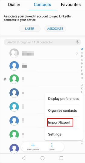 elegir importar o exportar contactos de Android