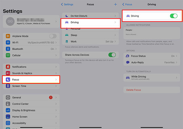 Apague el modo de conducción en iPhone a través de la configuración de enfoque
