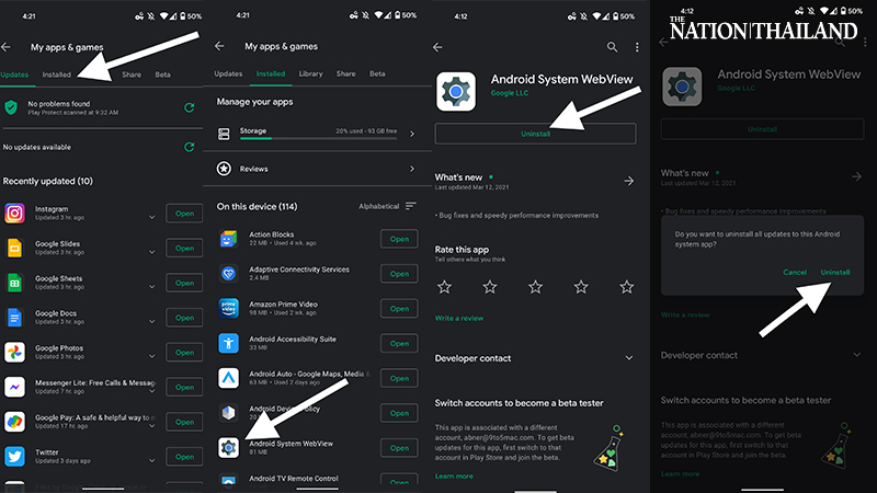 Desinstalar actualizaciones de WebView del sistema Android