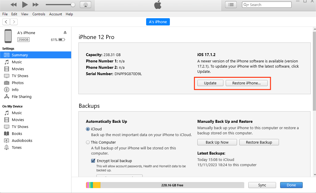 Actualizar o restaurar iPhone usando iTunes 