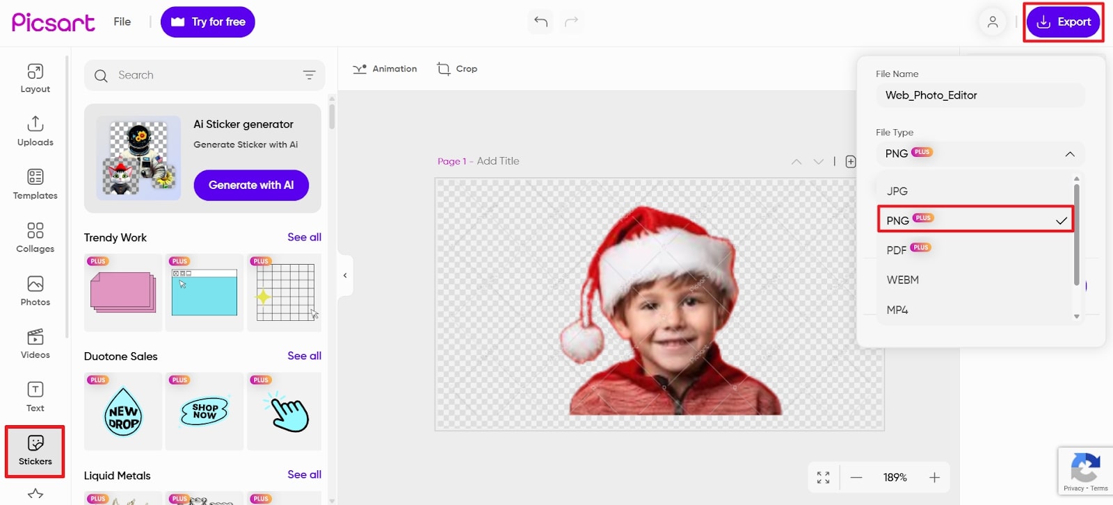 Pegatizas de exportación en PNG de Picsart