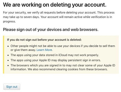 Inicie sesión al trabajar en la eliminación de la cuenta de ID de Apple