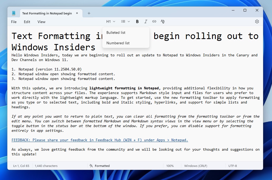 Notepad Formateo de puntos de bala en Windows 11