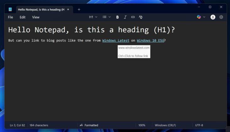 Windows 11 Bloc de notas con soporte de enlaces